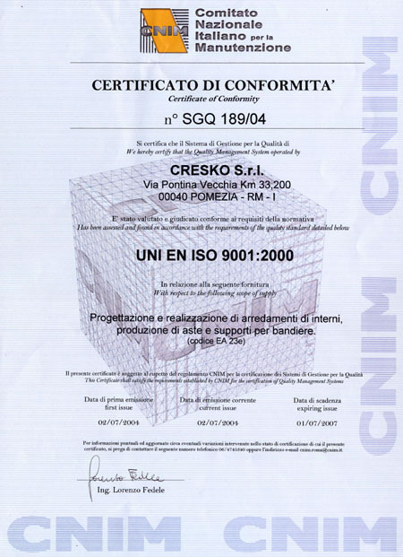 Certificato UNI EN ISO 9001:2000